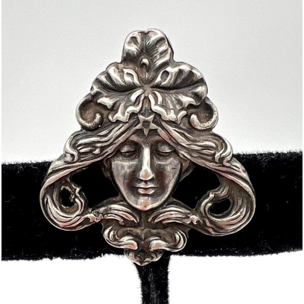 Antique Art Nouveau Sterling Silver Brooch Pin Repoussé Lady Goddess Face  925